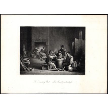 SMOKING CLUB 1840s David Teniers the Younger - W. French ANTIQUE ENGRAVING