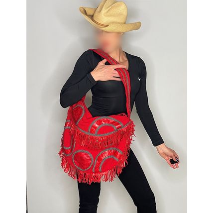 1980s Large Red Overnight Baby Bag Leather Fringed bAG MAKE OFFER!