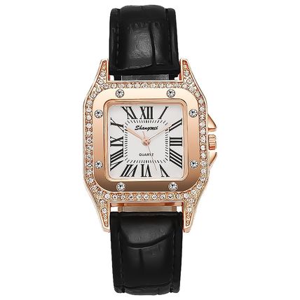 Ladies Dress Style White Square Face Steel Back Black Leather Strap Watch