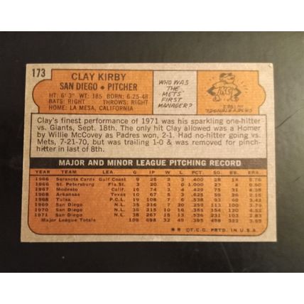 Topps 1972 # 173 Clay Kirby Pitcher San Diego Padres 6.0 Excellen Mint Condition