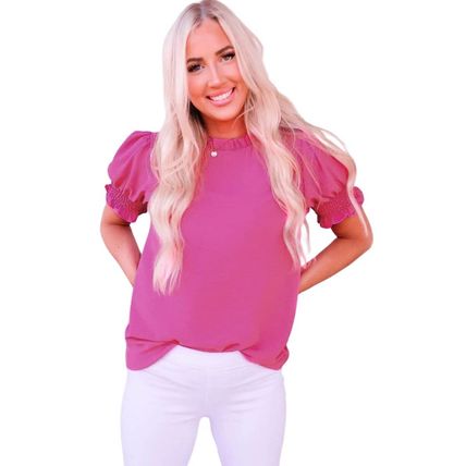 Rose Solid Color Smocked Puff Sleeve Blouse