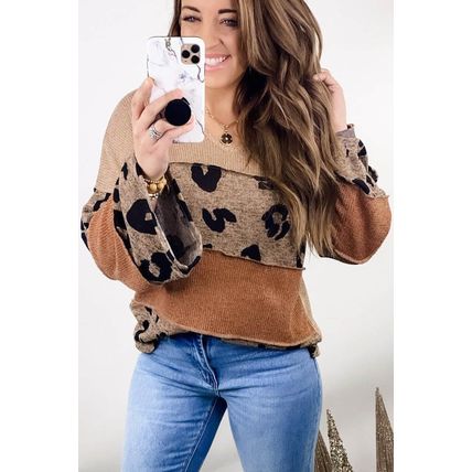 Leopard Colorblock Patchwork V-Neck Loose Sleeve Knit Top