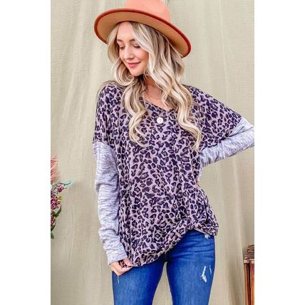 Leopard Print Drop Shoulder Patchwork Sleeve Top