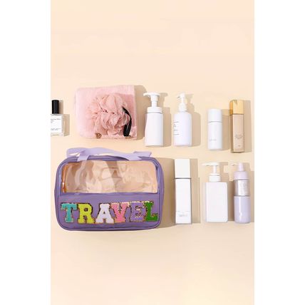 Purple TRAVEL Chenille Letter Clear PVC Makeup Bag