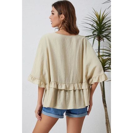 Apricot V Neck Draped Batwing Sleeve Ruffle Top