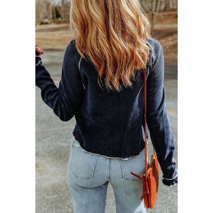 Blue Textured Round Neck Long Sleeve Top