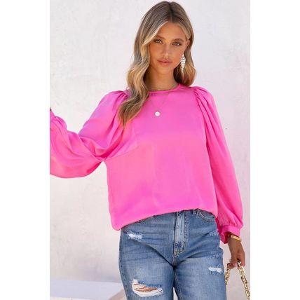 Pink Satin Puff Long Sleeve Crewneck Blouse