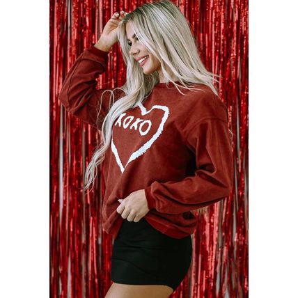 Racing Red XOXO Heart Shape Graphic Corded Sweatshirt