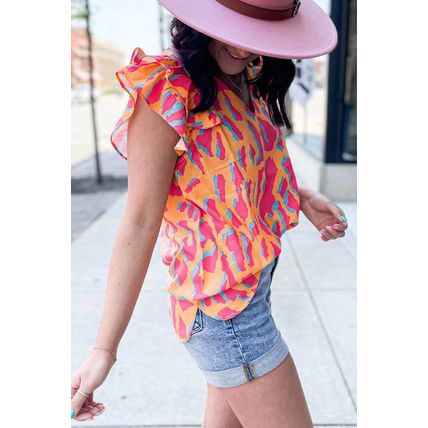 Orange Abstract Print V Neck Ruffled Sleeve Blouse