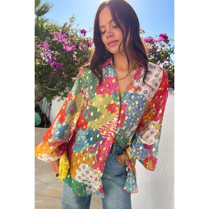 Rose Red Colorblock Abstract Print Button up Loose Shirt