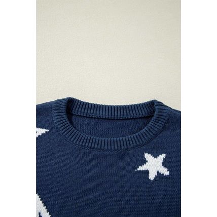 Sail Blue Star Pattern Drop Shoulder Knitted Sweater