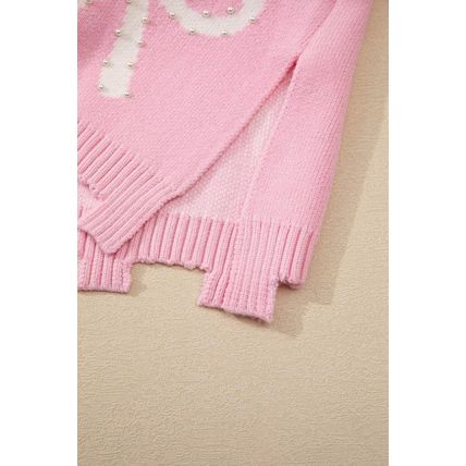 Pink Pearl Beaded Bowknot Pattern Distressed Split Hem Sweater