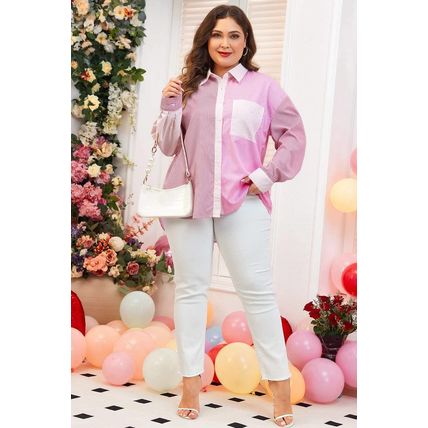Pink Stripe Print Colorblock Plus Size Shirt