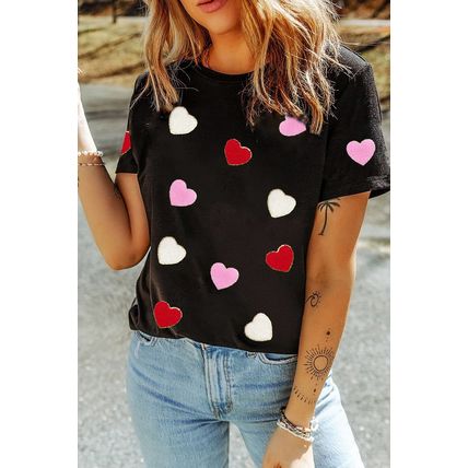 Black Valentines Chenille Heart Patched Pattern Crewneck Tee