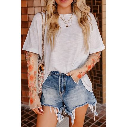 White Faux Two Piece Floral Long Sleeve Patchwork Tee