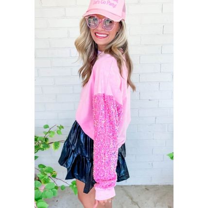 Pink Sequin Patchwork Long Sleeve Pullover Top