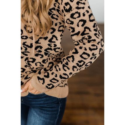 Khaki Leopard Knitted Drawstring Hooded Sweater