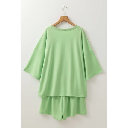 Meadow Mist Green Plus Size V Neck Drop Shoulder Tee Loose Shorts 2pcs Outfit