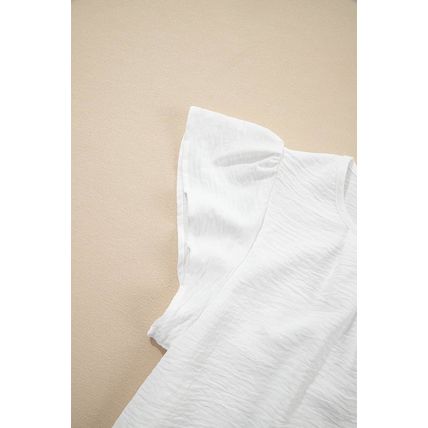 White Flounce Sleeve Pleated Textured Blouse