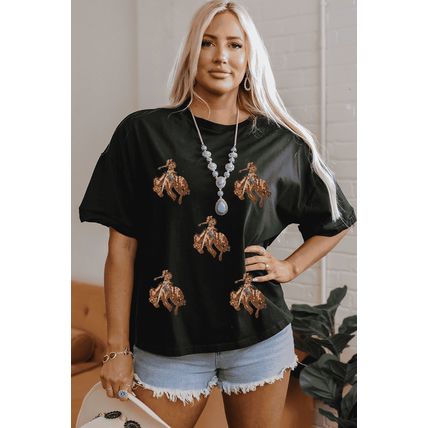 Black Western Horse Patched Crew Neck Graphic T Shirt