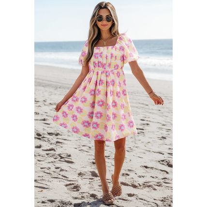 Rose Vibrant Floral Square Neck Puff Sleeve Pleated Flared Midi Dress
