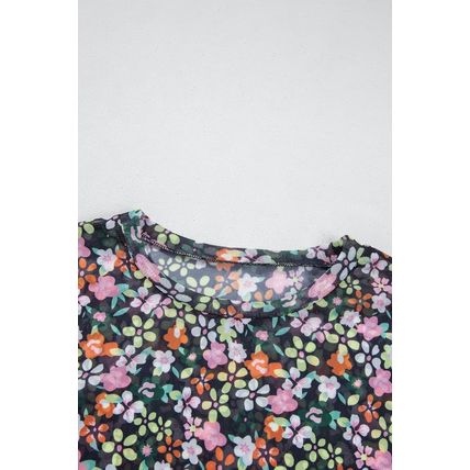 Black Sheer Floral Mesh Round Neck T Shirt