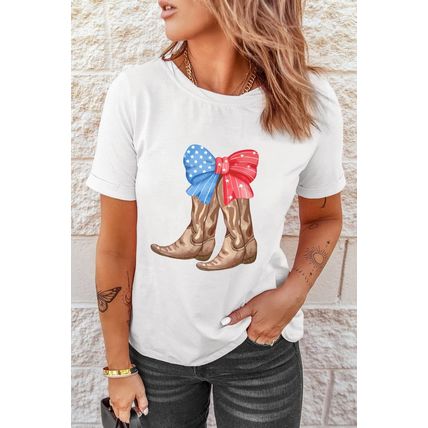 White Patriotic Bow Cowgirl Boots Printed Cotton Blend T Shirt
