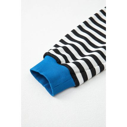 White Stripe Striped Contrast Ribbed Trim Crossed Stitch Drop Shoulder Sweatshir