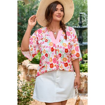 White Floral Split V Neck Wide Short Sleeve Plus Size Blouse Top