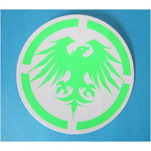 Never Summer Snowboards 4" Round Sticker Decal Colorado Green White Background