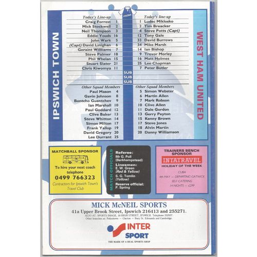 1993-94 IPSWICH TOWN v WEST HAM UNITED (Ex To Mint Condition - No Writing)