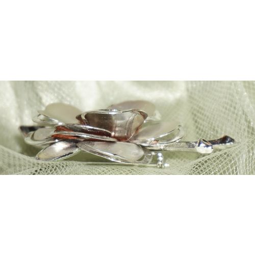 Rose Pin Brooch With AB Rhinestone Center Brushed/Polished Silvertone