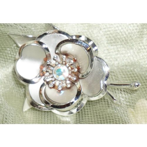 Rose Pin Brooch With AB Rhinestone Center Brushed/Polished Silvertone