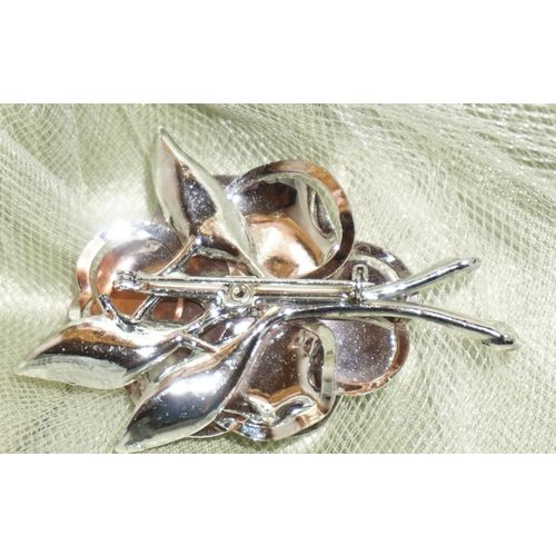 Rose Pin Brooch With AB Rhinestone Center Brushed/Polished Silvertone