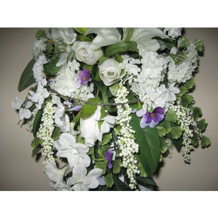 Handmade OOAK Silk Hanging Flower Arrangement, White Flowers, Violets & Greenery