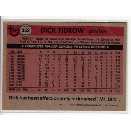 1981 Topps baseball card 352 Dick Tidrow - Cubs
