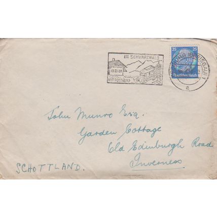 Germany 1938 cover with 25Pf Hindenburg & Black Forest logo franking & Ereiburg