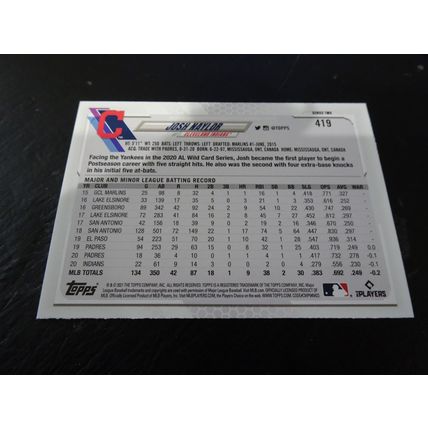 2021 Topps Card # 419 Josh Naylor Mint (9) Cleveland Indians