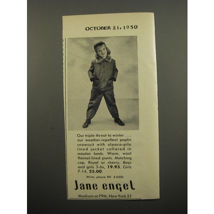1950 Jane Engel Snowsuit Ad - Our triple threat to winter