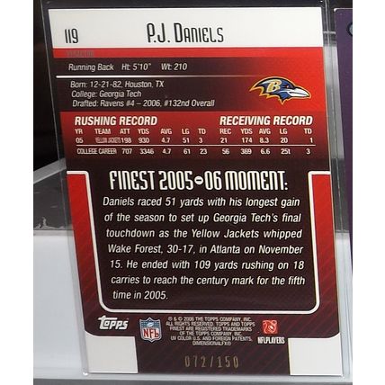 2006 Topps Finest P.J. DANIELS (Ravens) Blue Xfractor Rookie Card #119 72/150