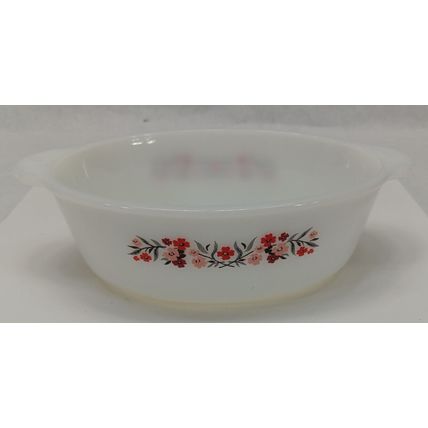 Vintage Fire King 467 White Milk Glass Baking Dish Primrose Pink Red Flowers