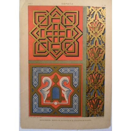 Arte Morisco, motivos... - ESPANA lithograph ca 1890 by J. Aleu, Barcelona.