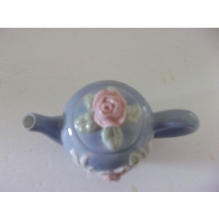 Miniature Tea Pot Blue with Pink Rose 4"