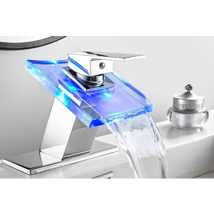 Bathroom Sink Faucet LED Light 3 Colors Changing Waterfall Glass Spout Hot Cold