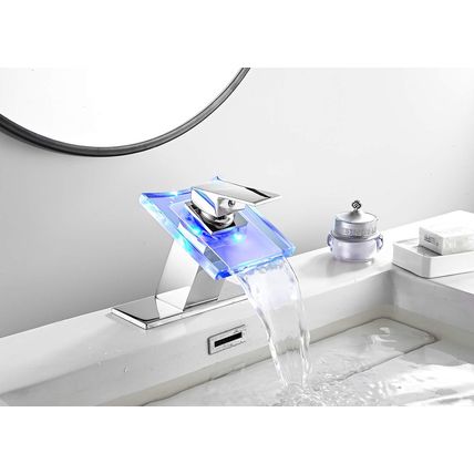 Bathroom Sink Faucet LED Light 3 Colors Changing Waterfall Glass Spout Hot Cold