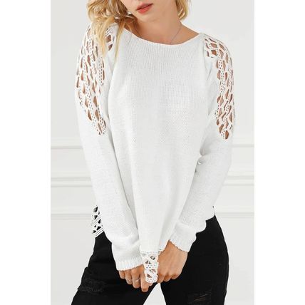 White Solid Scoop Neck Hollow Out Sweater