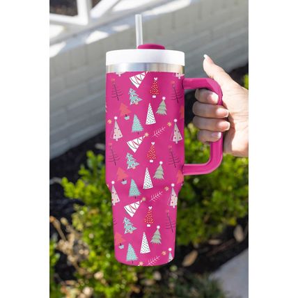 Rose Red Cartoon Christmas Tree Printed Thermos Cup