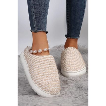 Pale Khaki Two-tone Knitted Warm Homewear Slippers