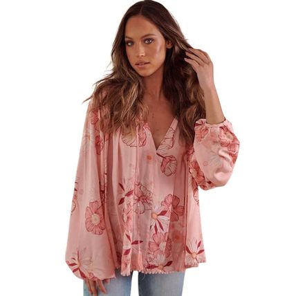 Multicolor Floral Tasseled V Neck Puff Sleeve Blouse
