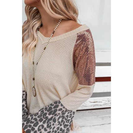 Leopard Sequin Patchwork Bell Sleeve V Neck Tunic Top
